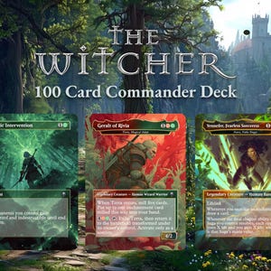 Könnte beinhalten: Drei Magic: The Gathering-Karten aus dem "The Witcher" 100 Card Commander Deck werden gezeigt. Die Karten zeigen Illustrationen von Charakteren und enthalten Texte wie "Heroic Intervention", "Geralt of Rivia" und "Yennefer, Fearless Sorceress".
