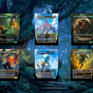 May include: Six collectible trading cards featuring fantasy art. The cards include images of a sparrow, a castle, a dinosaur, a princess, a shapeshifter, and a character with a sword. Each card has a unique design and text.