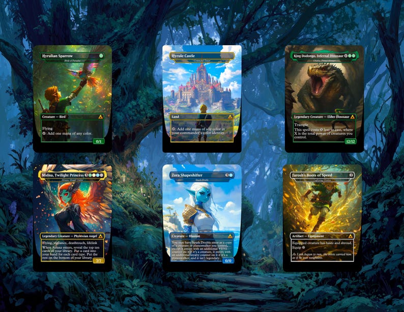 May include: Six collectible trading cards featuring fantasy art. The cards include images of a sparrow, a castle, a dinosaur, a princess, a shapeshifter, and a character with a sword. Each card has a unique design and text.