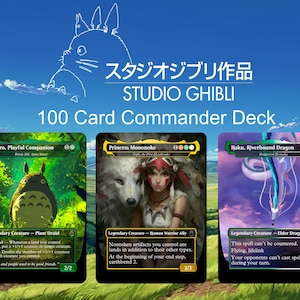 May include: A Studio Ghibli 100 Card Commander Deck featuring three cards. The cards showcase Totoro, Princess Mononoke, and Haku. The background is a blue sky with a silhouette of Totoro and Japanese text.