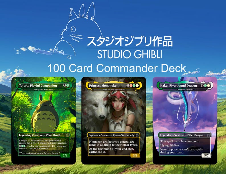 May include: A Studio Ghibli 100 Card Commander Deck featuring three cards. The cards showcase Totoro, Princess Mononoke, and Haku. The background is a blue sky with a silhouette of Totoro and Japanese text.