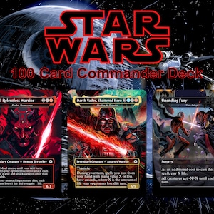 May include: A Star Wars themed 100 Card Commander Deck featuring three Magic: The Gathering cards. The cards showcase Darth Vader, Maul, and a sorcery card. The Star Wars logo is at the top, with a space background.