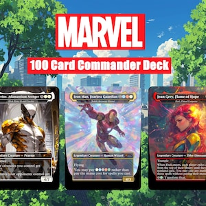 Könnte beinhalten: Drei Magic: The Gathering-Karten mit Marvel-Charakteren. Die Karten zeigen Wolverine, Iron Man und Jean Grey. Der Text "MARVEL" und "100 Card Commander Deck" sind oben angezeigt.