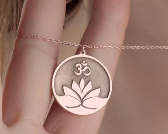 Sterling Silver Om Lotus Necklace: Embossed Aum Yoga Pendant