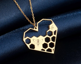 Personalized Sterling Silver Honeycomb Necklace: Bee Heart Pendant