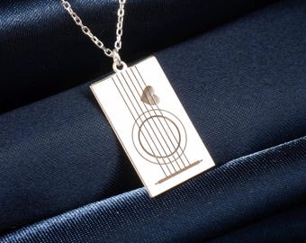 Minimalist Guitar Necklace in Sterling Silver, Acoustic Guitar String Pendant, Music Lover Jewelry