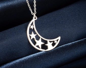 Sterling Silver Crescent Moon Necklace with Stars, Minimalist Celestial Pendant