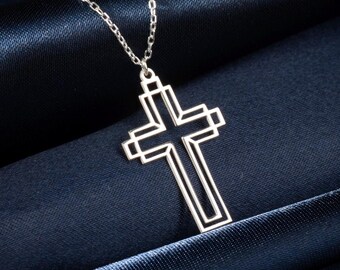 Modern Geometric Cross Necklace, Architectural Double Outline Cross Pendant, Minimalist Faith Jewelry