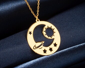 Sterling Silver Celestial Moon Sun Stars Saturn Necklace, Minimalist Space Jewelry