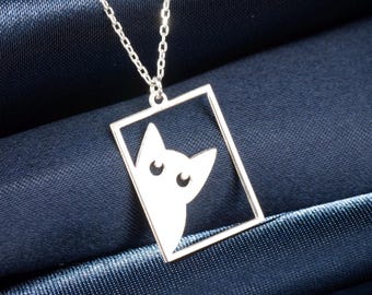Sterling Silver Minimalist Cat Necklace, Geometric Kitty Pendant, Dainty Animal Jewelry