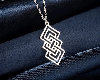 Minimalist Geometric Necklace in Sterling Silver, Interlocking Square Pendant, Modern Abstract Jewelry