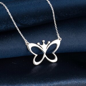 Sterling Silver Crowned Butterfly Necklace: Elegant Queen Pendant