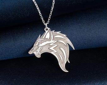 Sterling Silver Wolf Head Necklace: Engraved Wolf Jewelry