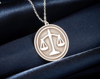 Sterling Silver Scales of Justice Necklace, Minimalist Round Disc Pendant, Lawyer Jewelry