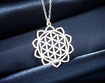 Silver Flower of Life Necklace: Sacred Geometry Mandala Pendant