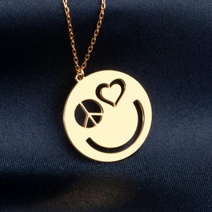 Sterling Silver Emoji Necklace: Smiley Face with Heart & Peace Sign