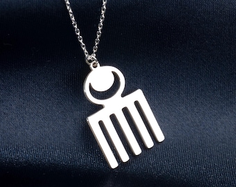 Silver Duafe Adinkra Necklace: African Comb Pendant, Symbol of Beauty