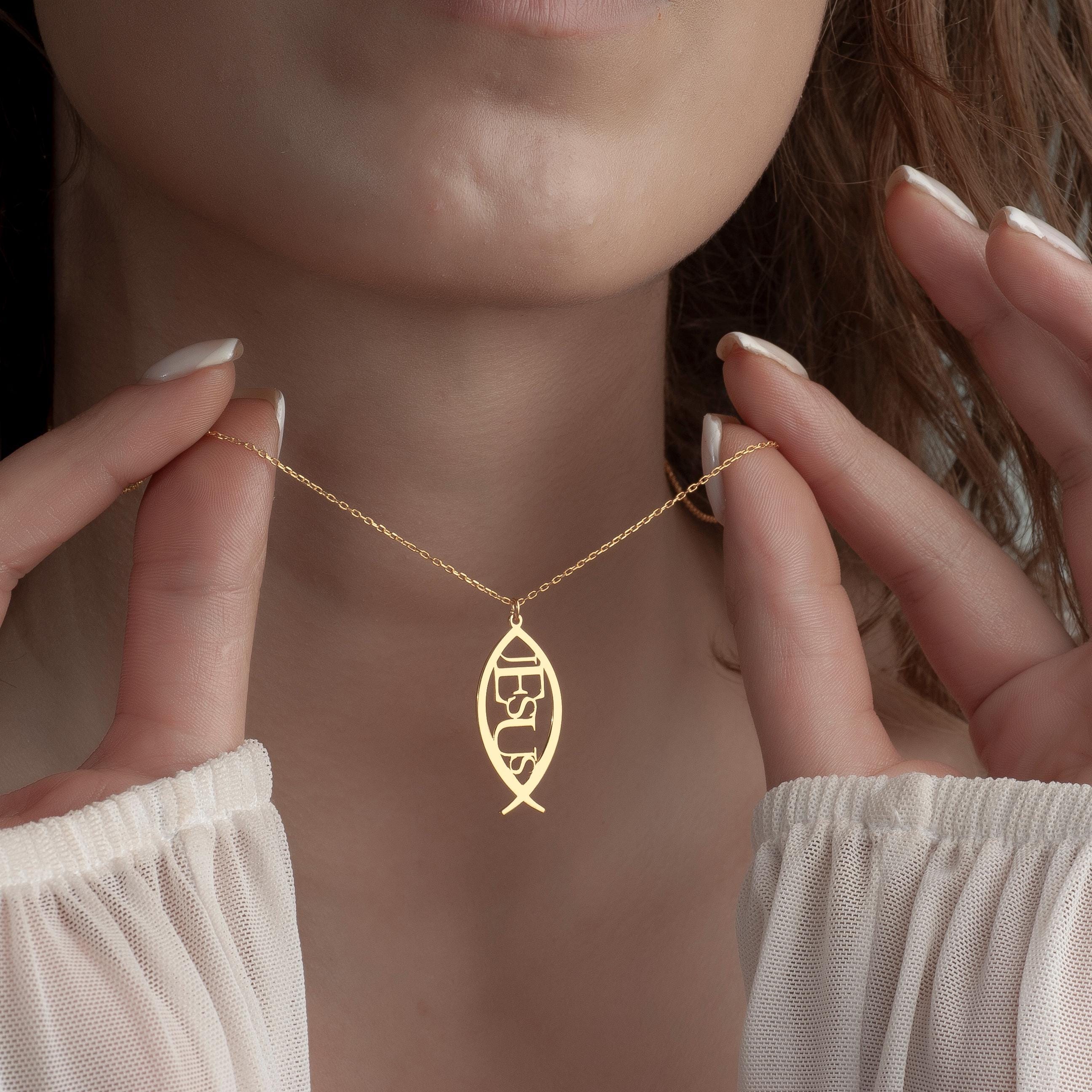 Collana con ciondolo Jerusalem Nano Bible Ichthys in argento 925 oro 9