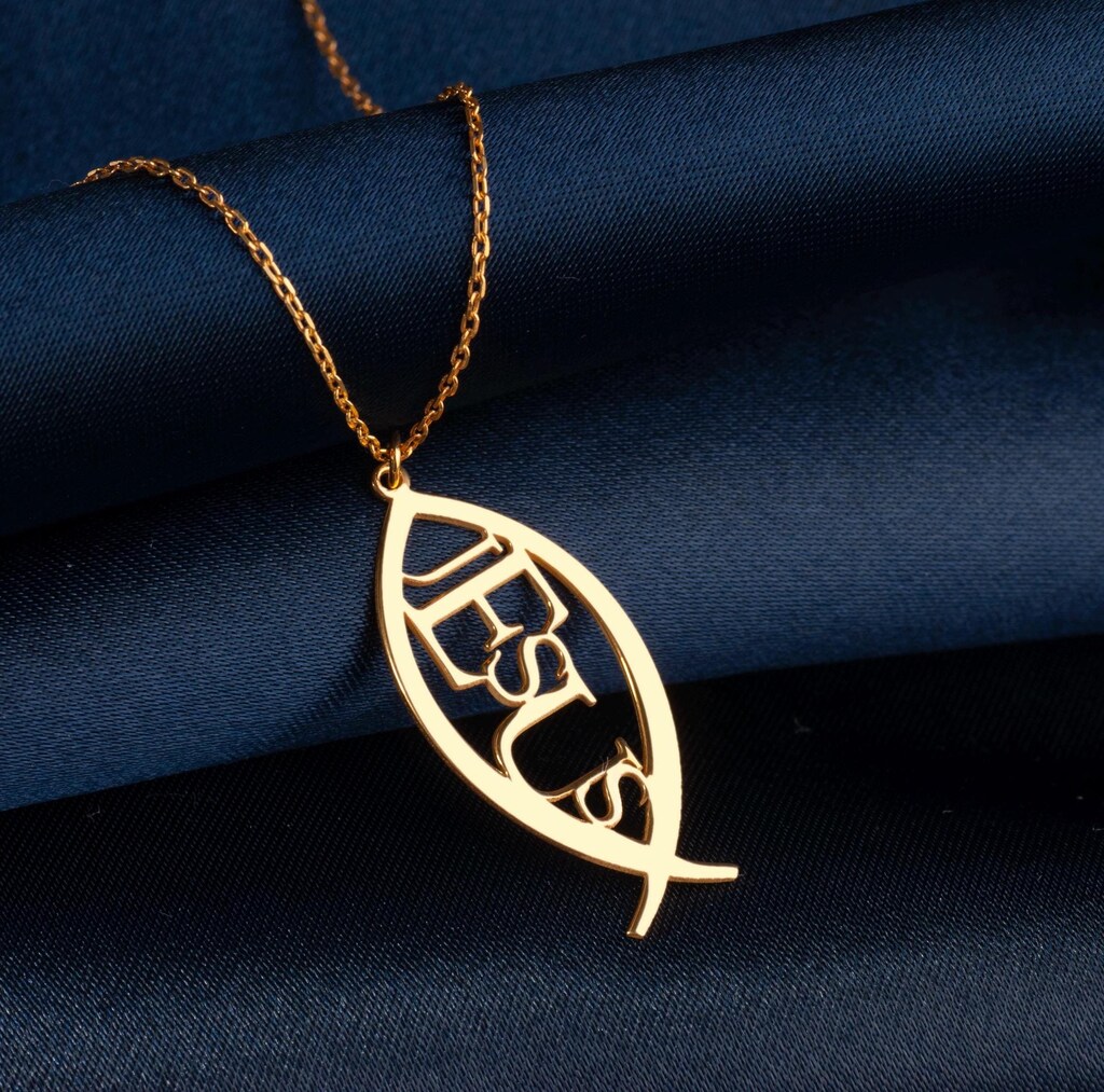 Collana Uomo Donna Con Ciondolo Ichthys Pesce | Acciaio Inox 316L E Cordino In Pelle | Simbolo Cristiano | Colore Argento