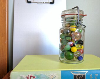 Vintage 1/2 Pint Jar of Vintage Marbles, 5.5 inches Tall, Vintage Game, Home Decor, Children's Room, Industrial, Variety of Sizes of Marbles