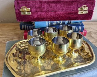 Brass Small Goblet and Tray Set, Tiny Stemware, Metal Shot Glass, Case and Drinkware