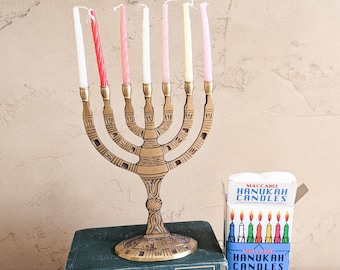 Brass Menorah, Seven Branch, Jerusalem, Holy Land, 8.5 Inches Tall, 14.2 oz, Solid Brass, Plus 36 Unused Maccabee Hanukah Candles in Box