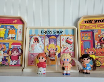 Dolly Pops Knickerbocker Toys 1979, Toy Store, Dress Shop and House, Holly Hobbie, Curious George, Plastic Dolls and Dollhouses