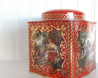 Daher Tin, English Tea Tin, Countryside Romantic Scenes, Red and Gold Elaborate Flowers, Metal Storage, Home Decor