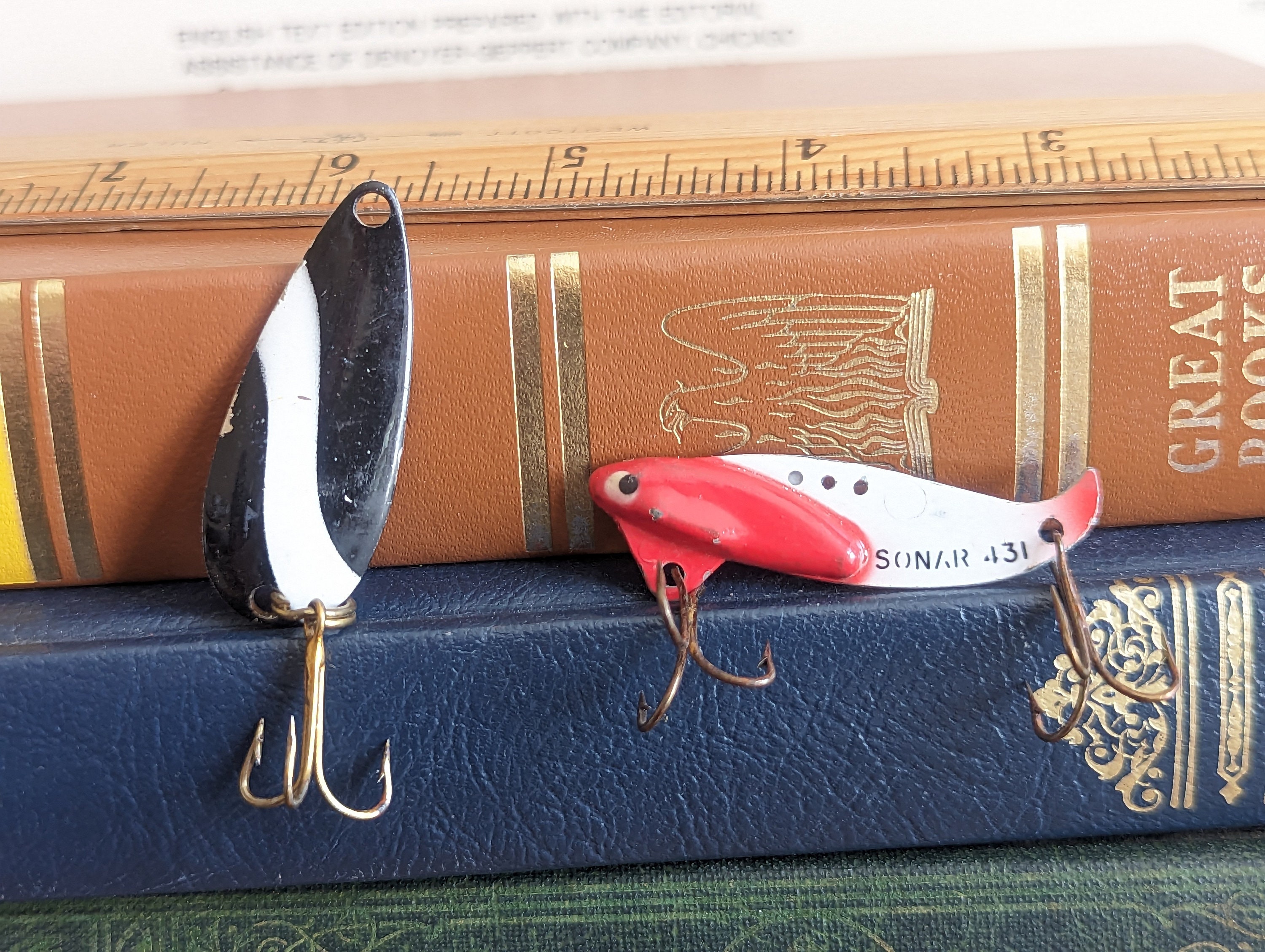 Two Fishing Lures, Black and White Spoon, Taiwan, and Sonar 431