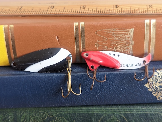 Two Fishing Lures, Black and White Spoon, Taiwan, and Sonar 431