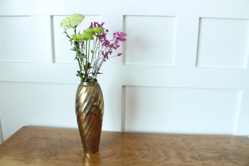Brass Flower Vase 11 Inches Tall Floral Vessel Twisted Metal Etsy