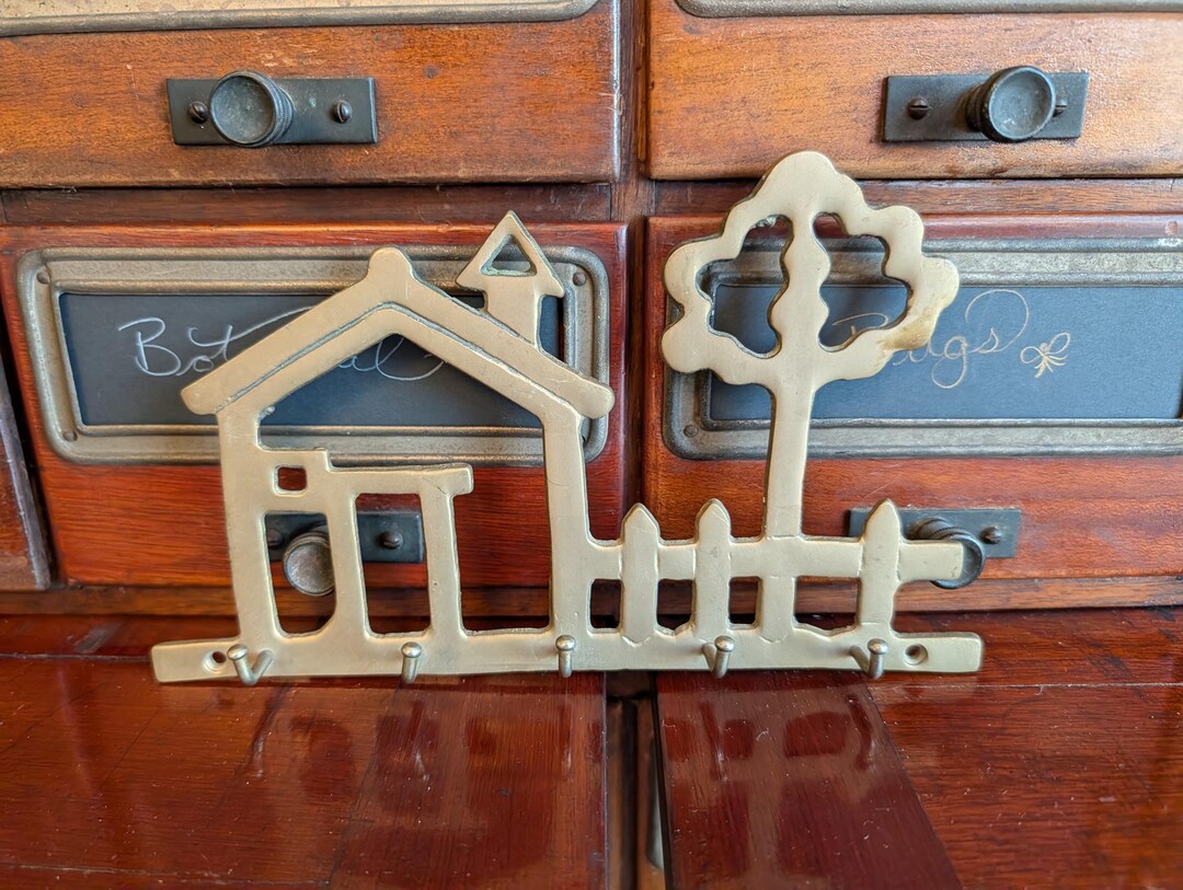 Brass House and Tree Key Rack, Five Key Hooks, 8 Inches Wide, Picket ...
