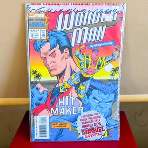 May include: A comic book cover featuring Wonder Man, a superhero with a red, white, and blue costume. The cover is titled "Wonder Man Annual" and features the text "Introducing: Hit Maker".