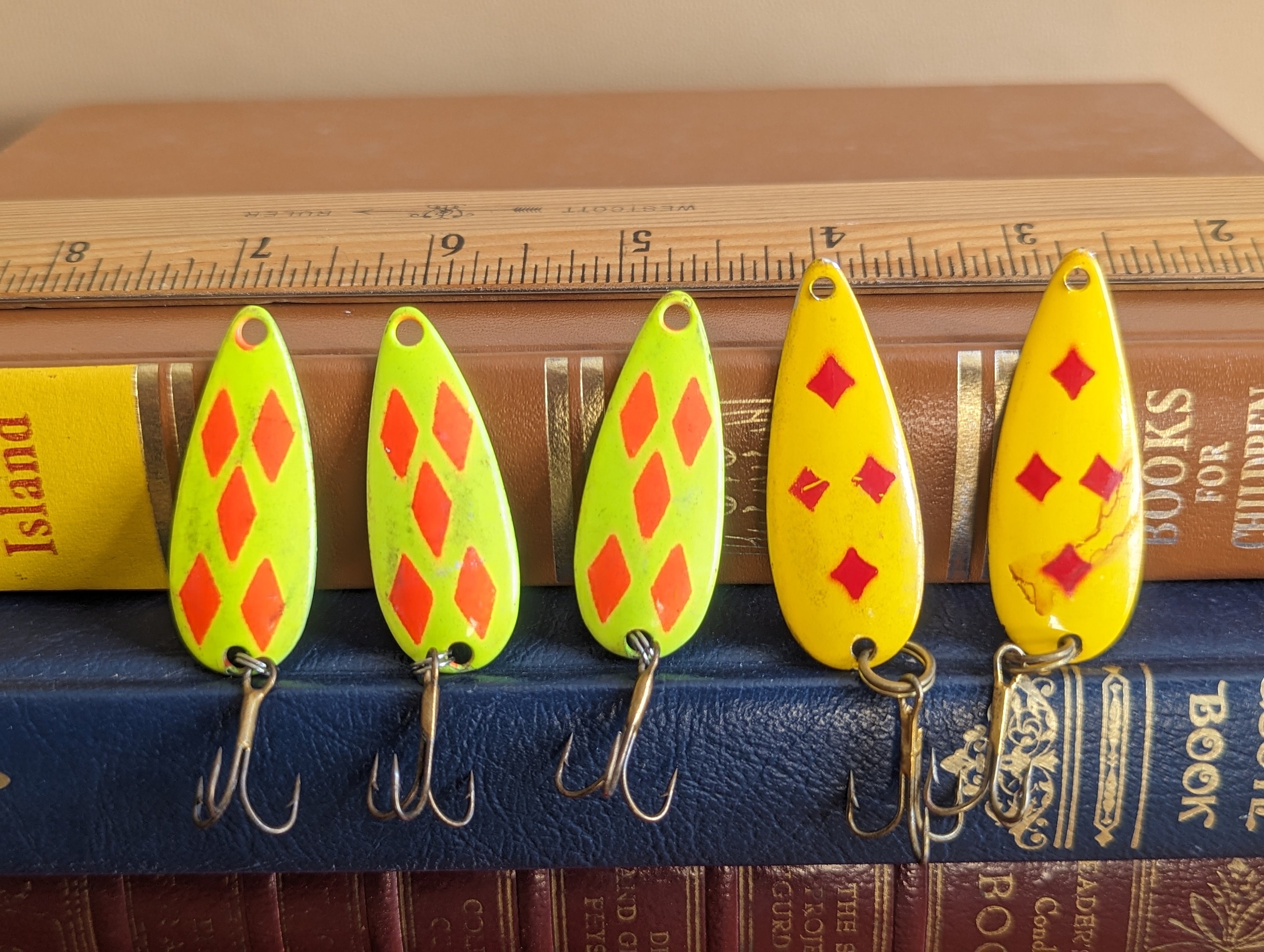 5 Red and Yellow Fishing Lures, Colorful Lures, Taiwan 