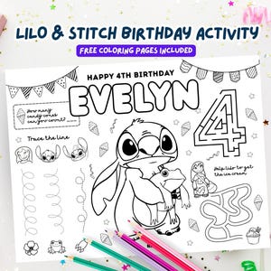 Personalisiertes Lilo & Stitch-Tischset, bearbeitbares Stitch-Geburtstags-Malblatt, Arbeitsblatt für Kindermalseite, druckbarer digitaler Download