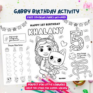 Gepersonaliseerde Gabby's poppenhuis kleurplaat voor kinderverjaardagsfeestje, aangepaste placemat voor feestspel, afdrukbare feestbedankje voor peuter