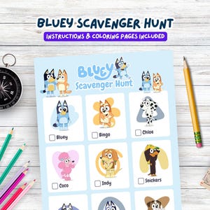 Búsqueda del tesoro para fiestas de cumpleaños de Bluey para niños, búsqueda del tesoro digital de Bluey, búsqueda del tesoro imprimible de Bluey en formato A4 y letras de EE. UU.