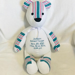 Memory birth stat bear,bear from loved ones clothing, receiving blanket memory bear, sympathy bear,custom sewn bear, hospital blanket bear