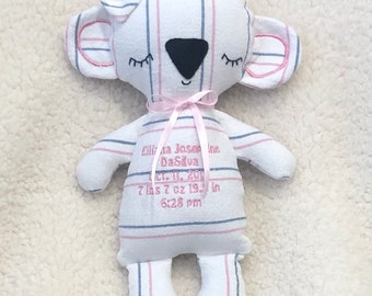 Keepsake Koala Stuffed Animal: Custom Birth Stat Memory Toy, made from blanket or clothing