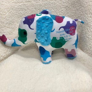 Medium size birth stat elephant, keepsake elephant from clothes, memory elephant hospital blanket/, custom sewn memory elephant