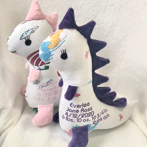 May include: Two white plush dinosaur toys with embroidered details. One has pink accents and the other has purple accents. Each dinosaur has embroidered text with a name, date, weight, and time.