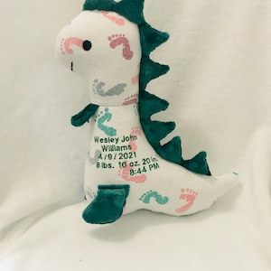 May include: A white plush dinosaur toy with green accents and pink and teal footprints. The toy has the name "Wesley John Williams", birthdate, weight, length, and time embroidered on its side.