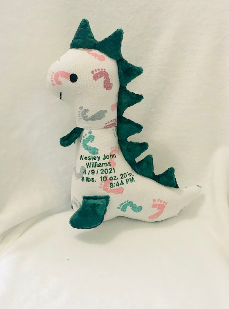 May include: A white plush dinosaur toy with green accents and pink and teal footprints. The toy has the name "Wesley John Williams", birthdate, weight, length, and time embroidered on its side.