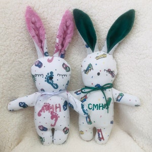May include: Two white bunny plushes with embroidered eyes and footprints. One bunny has pink ears and the name "AMHH" embroidered on the front. The other bunny has green ears and the name "CMHH" embroidered on the front.