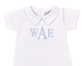 Andrew Pima Cotton Shortie- White with light blue trim- Pima Cotton baby- Personalized baby- Southern Baby- Special occasion-Brother Outfits