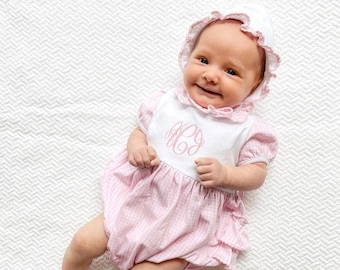 Leila Pima Cotton Ruffled Bum Bubble and Bonnet-Pink Gingham-Southern Baby Classic-Monogrammed Bubble,Personalized Outfit,Baby Bonnet