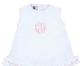 Mia's One Piece White with Pink Trim Pima Cotton Summer Dress-Monogrammed Dress- Monogramed baby Girls-Toddler Girls-Pima Cotton Baby-Dress