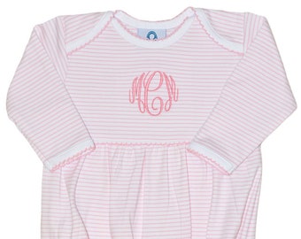 Pima Cotton Yoked Gown-Pink Striped-Baby Girl Coming Home Outfit-Pima Cotton Baby-Baby Girl Take home-Personalized baby Gowns
