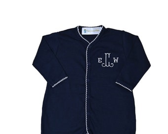 Navy w White Trim Pima Cotton Noah Front Snap Footie-Monograme Maisson-Newborn Coming Home Outfit-Footed Romper-Pima-Personalized Romper
