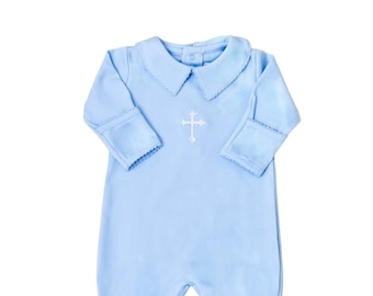 Hunter Blue with Blue Trim Non Footed Pima Cotton outfit-Baptism Boy Outfit- Boy Christening Outfit-Dedication Outfit-Pima Cotton Baby